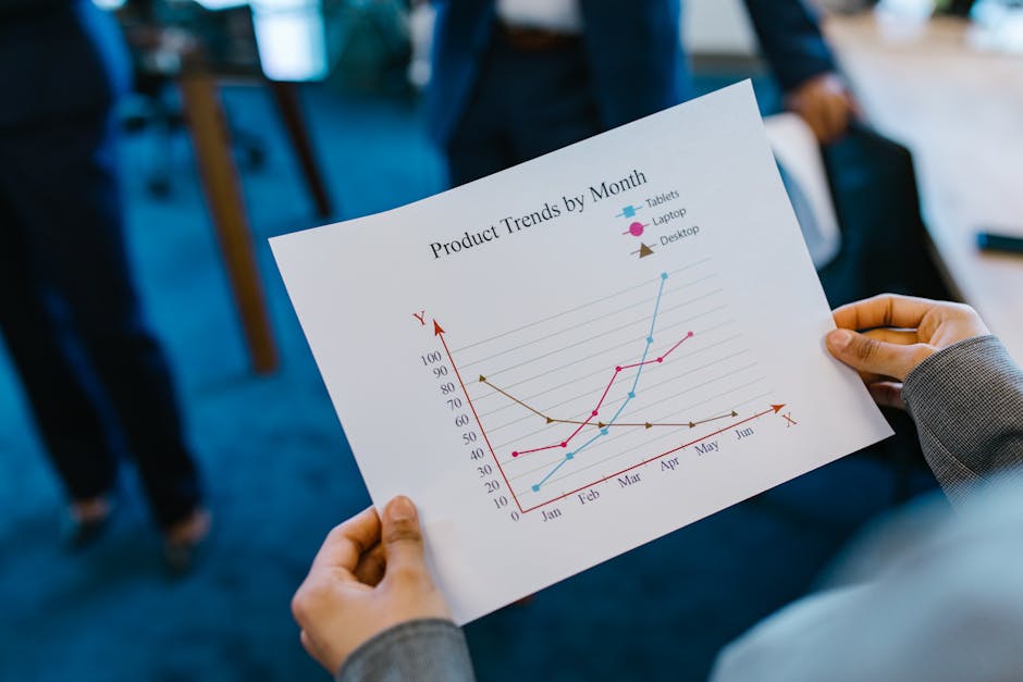 Close-up of hands holding a product trend chart in a corporate office setting.