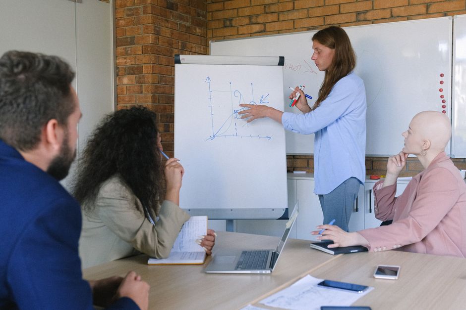 Group of pensive coworkers sitting at wooden table with gadgets and documents and listening presentations of colleague drawing graph in flipchart in modern office workspace in daytime